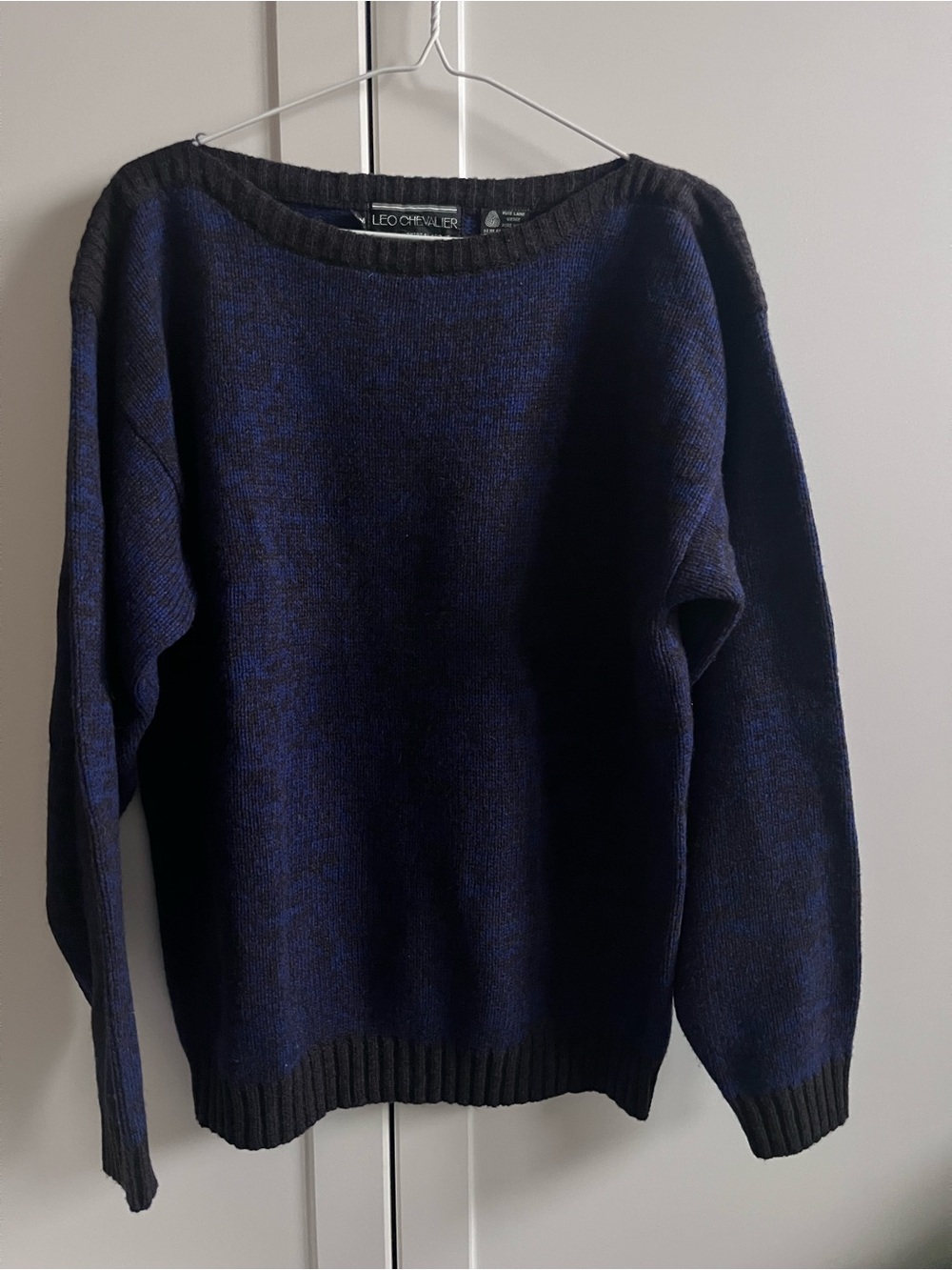 Vintage Leo Chevalier 100% Virgin Lambswool Knit Sweater Blue black men M Unisex